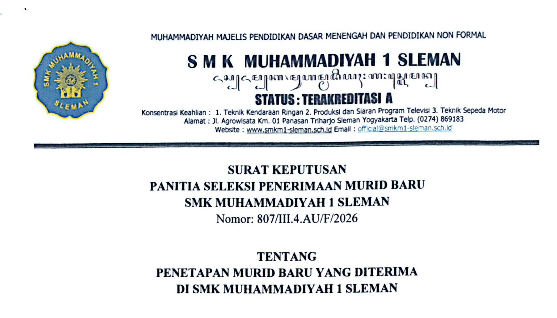 Pengumunan Penerimaan Murid Baru TP. 2026/2027
